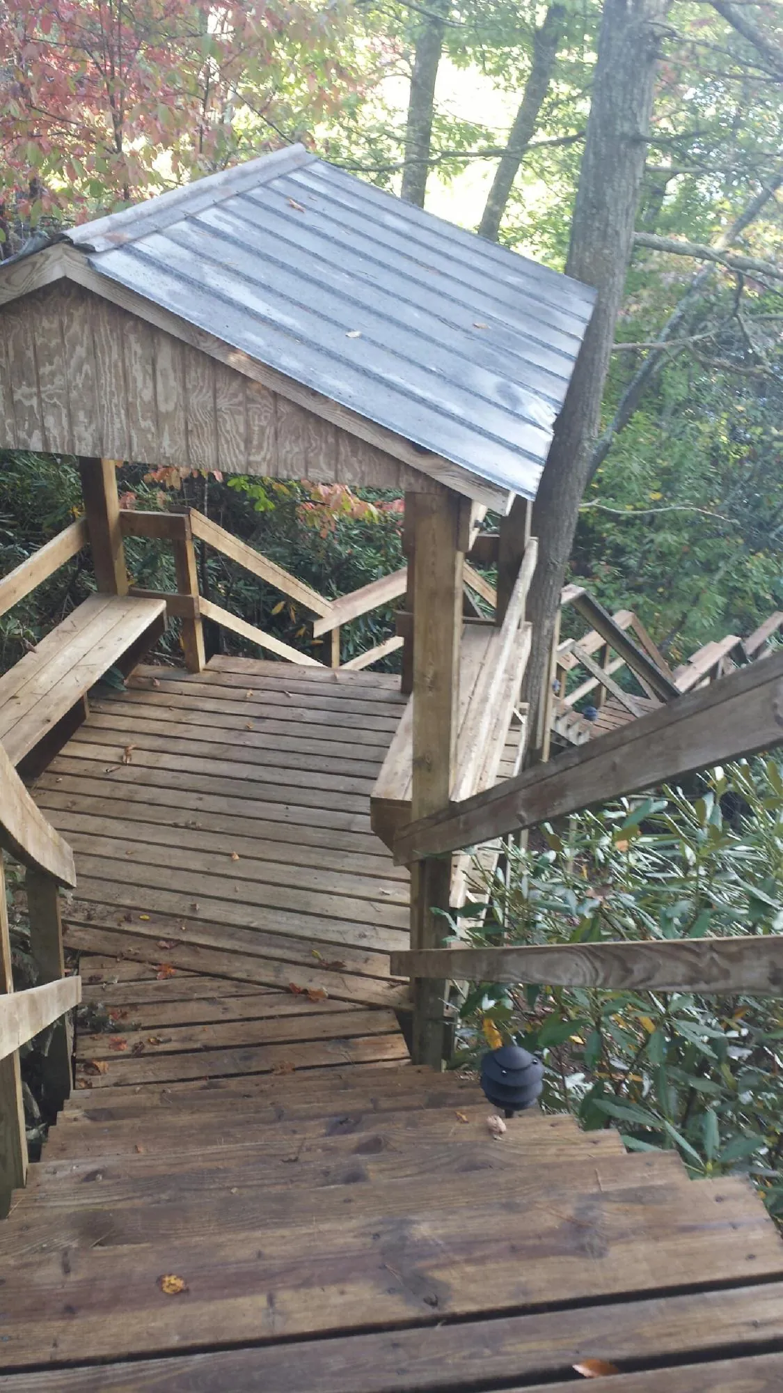 Metal roofed shelter over wooden steps on a wooded walkway — Skylight Repair & Installation work by our crew in Blodgett Mills